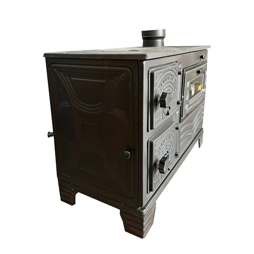 Cast Iron Wood Cook Stove | Wood Burning Range with Oven, Thermometer | Village House Cabin Stove Made in Turkiye (Black)