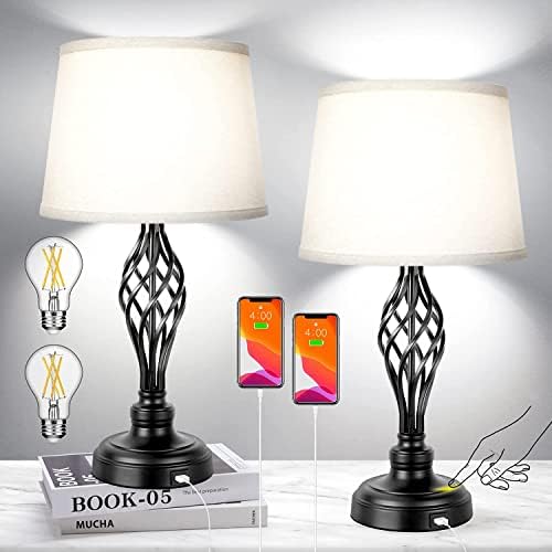 COSTUBE Set of 2 Touch Control 3-Way Dimmable Table Lamp with Switch, Bedside Lamp with USB Port AC Outlet Nightstand Lamp with Fabric Shade for Living Room Bedroom, Daylight White Bulbs Included