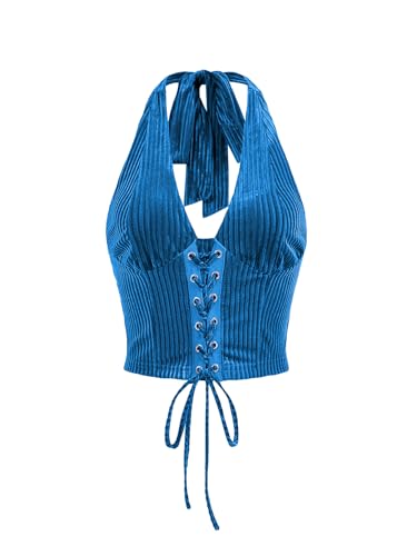 Verdusa Women's Western Halter Corset Tops Lace Up Backless Crop Top Blue