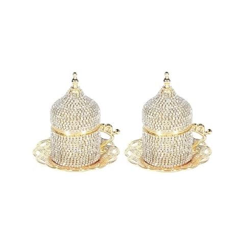 2 count Turkish Coffee Cup Set Saucers Holders Decorated (gold) Cover
