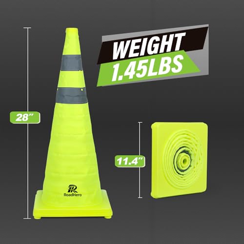 RoadHero 28 Inch 4 Pack Collapsible Traffic Safety Cones, Lime Green Pop-up Cones with Reflective Collar for Road Safety, Driving Training, Parking Lots - Thumbnail 4