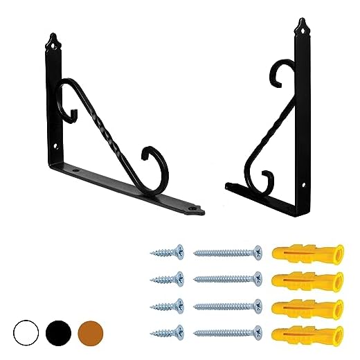 YAPIKAN 2 Pack Decorative Shelf Brackets Black 9 inch, Heavy Duty Rustic Wrought Iron L Metal Corner Brace Supports for Wall Mount Shelves, Corbels Floating Shelf Bracket, Large, Hardware Included