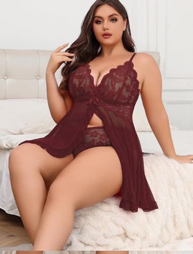 Image of Avidlove Plus Size Lingerie for Women Sexy Lingerie Dress Lace Babydoll Lingerie V-Neck Open Front Strap Nightdress