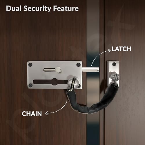 Image of Plantex Door Chain with Baby Latch /Door Chain Lock for Main Door /Latch Lock for Door /Heavy Duty Door Safety Guard Lock for Home, Hotel & Office Security - Pack of 1 (DTK-294-Satin)