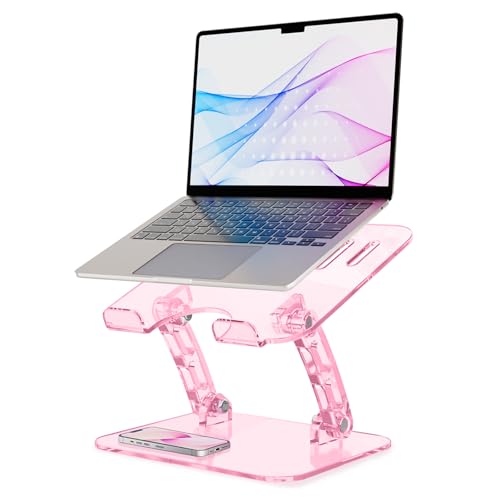HEWYIOS Pink Acrylic Adjustable Laptop Stand,Adjustable Height Foldable Laptop Riser for Desk, Clear Portable Laptop Holder Ergonomic Computer Stand,Compatible with 10-17.3” Laptops (Pink)