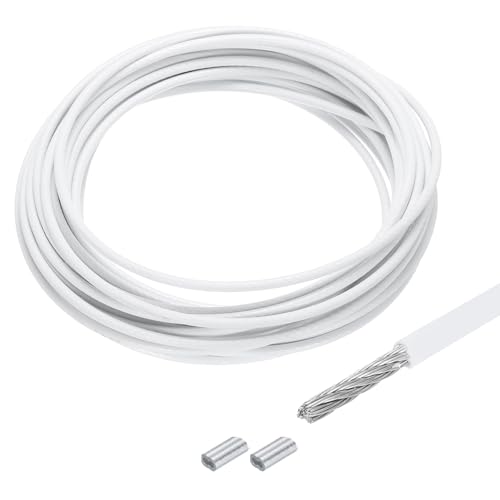 QUARKZMAN 10 Metri x 4mm (33Ft x 5/32) Fune Metallico Cavo Acciaio Inossidabile 304, Tenditore Tirante con 2pz Manicotti Alluminio per Appendere Stendibiancheria Sollevamento, Bianco