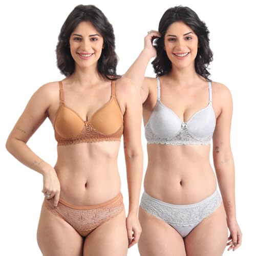 Image of SGC SWEDEN Women's Lingerie Set | Lace Fabric Lightly Padded Non Wire Push-Up Bridal Bra Panty Lingerie Set