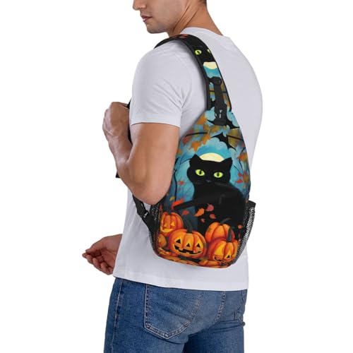 Halloween Black Cat Casual Sling Backpack Crossbody Chest Bags for Unisex Fall Pumpkin Leaf Adjustable Shoulder Bag Multipurpose Daypack4