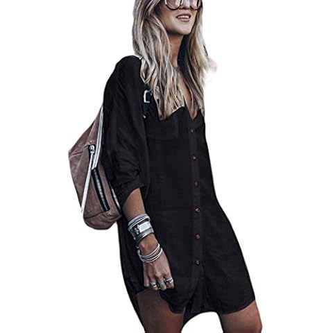 AILUNSNIKA Black Long Sleeve Swim Cover Up for Women Casual Button Down Swimwear Beach Shirt Tunic Dress Cover