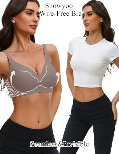 Showyoo Women's Seamless Jelly Bras Full Coverage Bralette No Underwire Comfort T-Shirt Bra with Lace Panel Insert Gray XL - 4