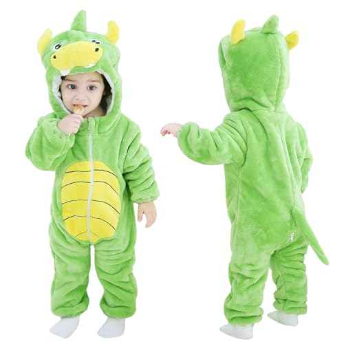 LONULAIN Unisex Baby Animal Costume Pajamas, Infant Flannel Hooded Halloween Romper Cosplay Costume/Homewear/Sleepwear (Green Dinosaur,3-6 Months)