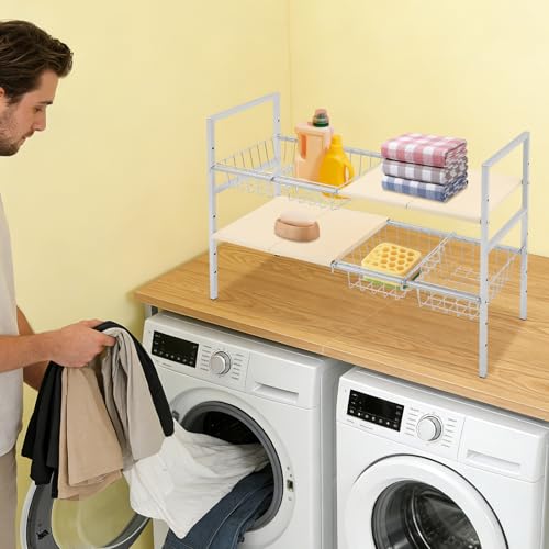 Organizador Bajo Fregadero 2 Niveles Ajustable 20.9-34.6 Pulgadas, Estante de Acero Inoxidable con 4 Canastas, Blanco Crema miniatura 4