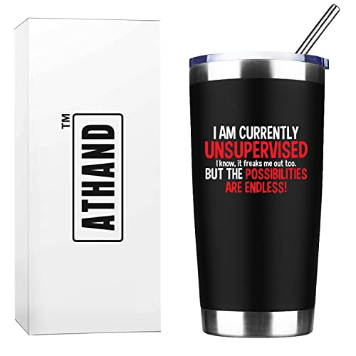 I Am Currently Unsupervised 20 Oz Insulated Tumblers With Lid & Straw | Double Wall Stainless Steel Tumbler Cups Coffee Mug | Funny Sarcastic Birthday Christmas Gifts Idea For Men Women (Black) #TOP5
