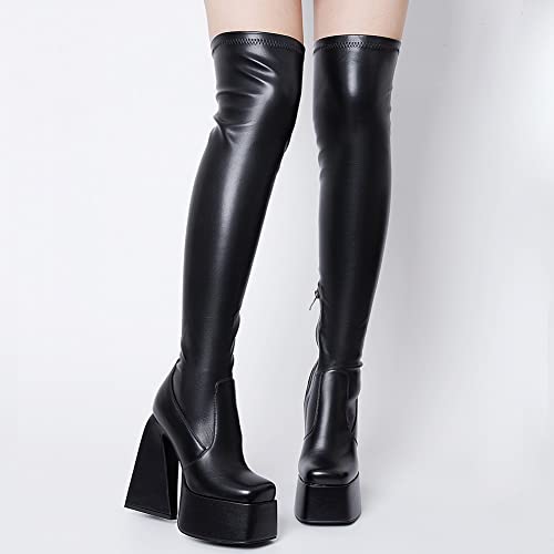 Wryffneea Thigh High Boots For Women, Square Toe Pull On High Chunky Heel Stretch Goth Black Platform Over The Knee Boots #TOP1