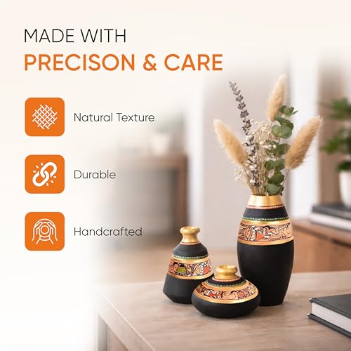 Image of Aakriti Art Creations Vase Earthen Black Madhubani Set of 3 | Handmade Terracotta Flower Vases | Matte Finish Madhubani Art Decorative Vases for Living Room, Table Decor & Gifting
