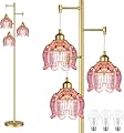ILLMTW Glass Floor Lamp for Living Room,Bedroom,Gold Flower Mid Century Modern Standing Lamp Brass Tree 3 Light Tall Floor Lamps Vintage Floor Lights Pink Lamp Shade Farmhouse Boho Bohemian