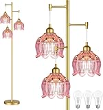 ILLMTW Glass Floor Lamp for Living Room,Bedroom,Gold Flower Mid Century Modern Standing Lamp Brass Tree 3 Light Tall Floor Lamps Vintage Floor Lights Pink Lamp Shade Farmhouse Boho Bohemian