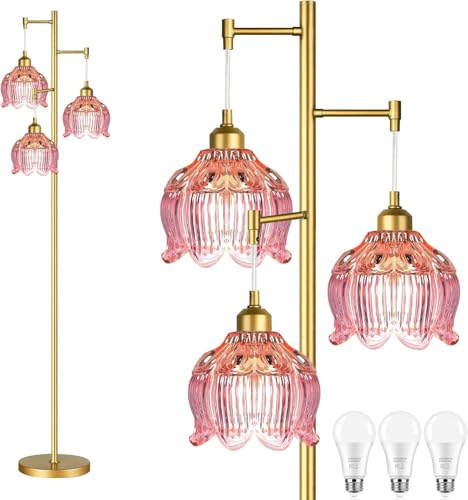 ILLMTW Glass Floor Lamp for Living Room,Bedroom,Gold Flower Mid Century Modern Standing Lamp Brass Tree 3 Light Tall Floor Lamps Vintage Floor Lights Pink Lamp Shade Farmhouse Boho Bohemian