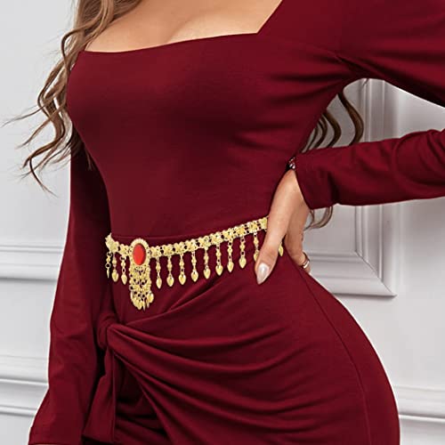 Elabest Vintage Tassel Waist Chain Gold Chain Belt Boho Red Gemstone Carved Body Jewelry Accessories For Women Girls #TOP3