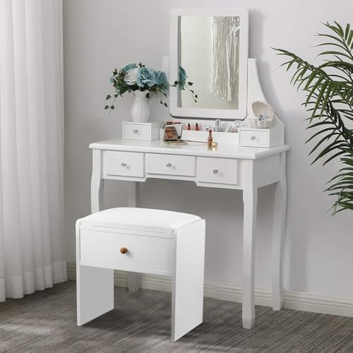 Stool Chair for Dressing Table Wooden Vanity Stool with Storage Drawer Stool Chair for Dressing Table Bedroom Chairs & Stools Suitable for Dressing Table Living Room Hallway White