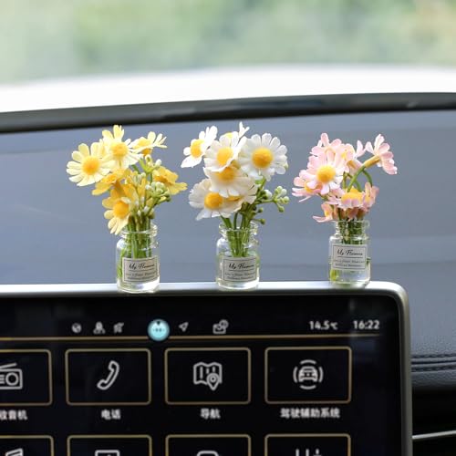 Kiofs Daisy Flower Car Accessories for Women Interior Aesthetic, 3 Pcs Daisy Cute Car Dashboard Decorations