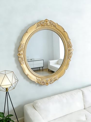 Xoudsi Round Resin Vintage Mirror, Wall-Mounted Decorative Mirror, Retro Hanging Mirror for Entryway, Corridor, Bedroom, Living Room Vanity (Vintage Gold 14.5X13 Inch)
