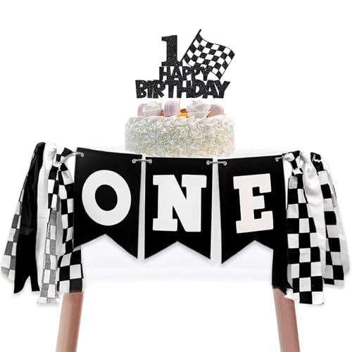 Image of Race Car Highchair Banner and Cake Topper 1st Birthday Party Decorations Black White Race Car Banner for Boys One Birthday Highchair Photo Prop Cars Theme