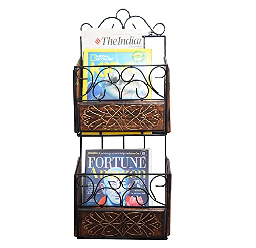 Image of Wall Magazine Rack | Wood & Wrought Iron Newspaper Holder | Book Storage Wall Shelf | Home & Office Organizer | Black & Natural | 67x28x11 cm