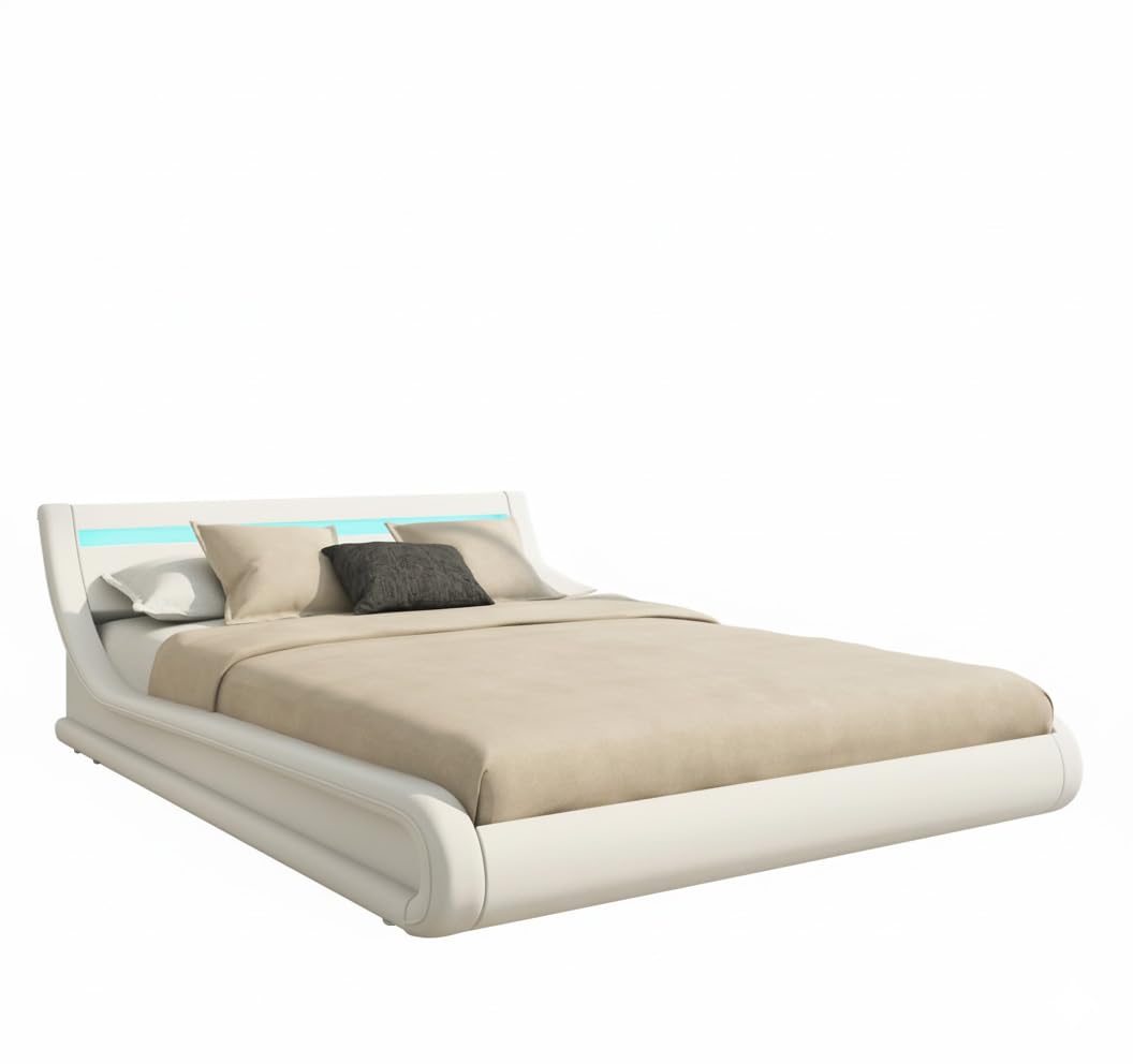 MB Muebles Bonitos | Cama de Matrimonio Parisina para Colchón de 150x190 cm | Luz LED | Canapé Abatible | Somier de Láminas | Estructura de Madera tapizada en Polipiel | Color Blanco