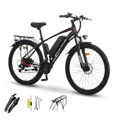 Image of yasyas E9 Electric Mountain Bike, 26 Inch Wheels, 27-Speed Gears, Front Suspension, Dual Disc Brakes, Aluminium Frame, Pedal-Assisted Bicycle for Adults, Black