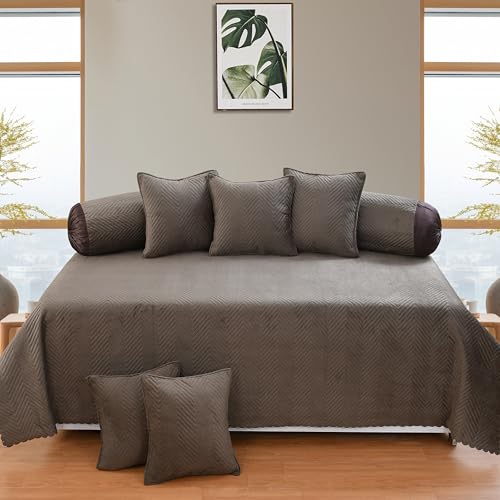 Image of Luxury Velvet Diwan Bedsheet with 5 Cushion Covers and 2 Bolster Covers - Designer Sofa DiwanCover Set for Living Room Set (1+2+5) (Coffee)