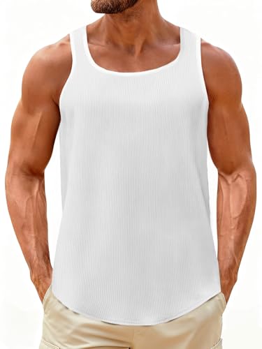 UNCLECAT Mens Sleeveless Tank Tops Workout Muscle Gym Knitted Shirt Athletic Bodybuilding Slim Fit Ribbed T Shirts White