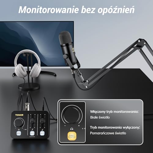 Zestaw mikrofonów TONOR do podcastów z interfejsem audio i uchwytem mikrofonowym, mikrofon XLR, mikrofony kondensatorowe, mikser audio, regulator głośności, 3D dźwięk stereo, do nagrań, podcastów