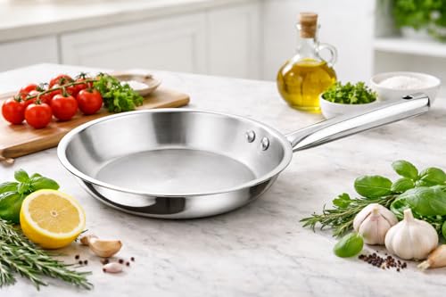 Image of Tri-Ply Stainless Steel Frying Pan with Lid 22cm | Triply Construction with Aluminium Core, Heavy Duty Skillet with Glass Lid, Riveted Handle, Induction Compatible (1.5 LTR)
