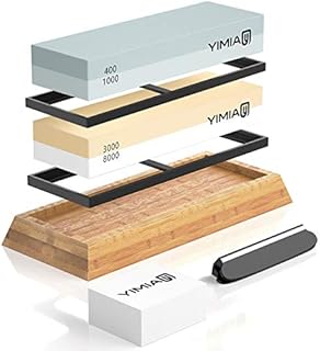 Abziehstein Schleifstein Set, YIMIAY 2-in-1 Wetzstein mit 400/1000 3000/8000 Körnung, Abziehstein für Messer inkl. Gummi-Steinhalter sowie Bambus Basis und Messer-Halter und Läppstein