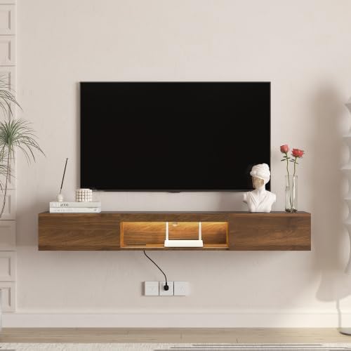 Ferand Floating TV Stand Wall Mounted 63 Inch with 16 Color LED Lights, Modern High Gloss Floating TV Cabinet for 55 60 65 Inch TVs, Entertainment Center with Storage Shelf & Cable Management