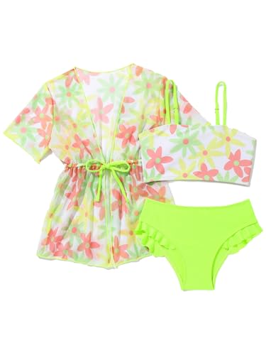 Kids Girls 3 Pcs Swim Cover Up Sets Floral Short Sleeve Kimono Bikini Bra with Brief