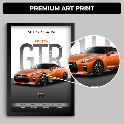 Image of Nissan GTR Poster | Framed A4 Sized (31 x 23 cm) | Car Posters for Wall, Gift for Boys | Nissan GTR Supercar Frames | Poster Sportscar Frame | Car Posters for Wall, Bedroom, Hostel, Study Room, Desk (F 018)