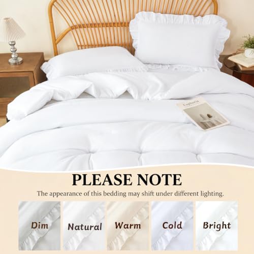ZRNBAST White Ruffle Bedding Set King, 5-Piece Bed in a Bag Shabby Chic Comforter Set for All Season, Soft Lightweight Fluffy Vintage Boho Farmhouse Bed Sets for Women Adults by ZRNBAST - Used condition - Image 4