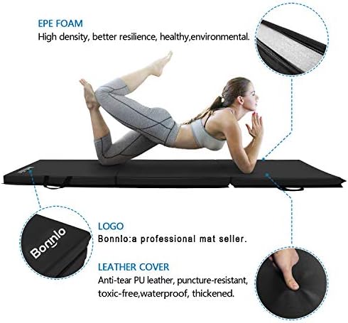 Bonnlo 6' Folding Tri-fold Gymnastics Gym Exercise Aerobics Mat, 6x 2x 2 PU Leather Tumbling Mats for Stretching Yoga Cheerleading Martial Arts