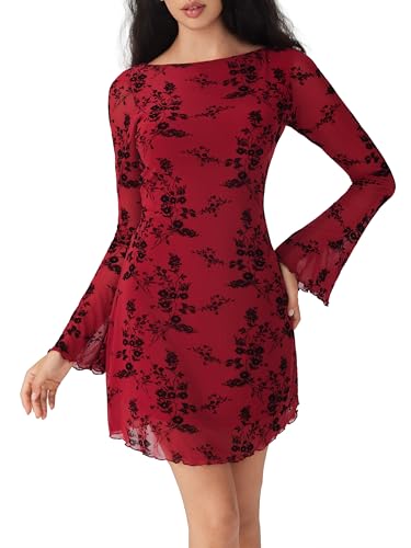 CIDER Womens Floral Mesh Mini Dress Long Sleeve Boat Neck Sheer Party Date Night Dresses Fall Trendy3