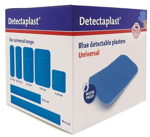 Tiritas en estuche de 100 unidades surtidas 5 tamaños DETECTAPLAST azul detectable HACCP para uso en la industria alimentaria --
