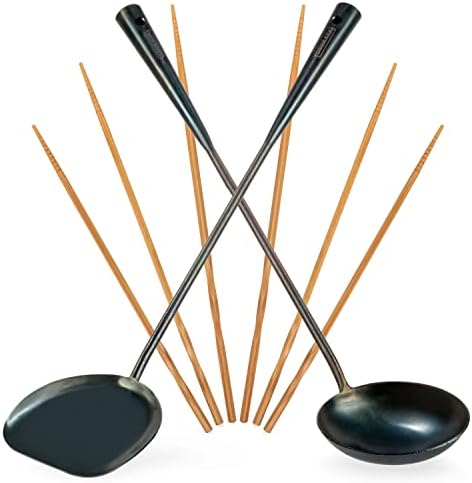 YOSUKATA Pre-Seasoned Wok Utensils Set - Blue Carbon Steel 17-inch Wok Spatula, Wok Ladle, 3 pairs Chopsticks - Durable Asian Cooking Tools - Thumbnail 5