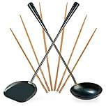 YOSUKATA Wok Spatula and Ladle 43 cm and 3 Pairs of Chopsticks- Pre-Seasoned Blue Carbon Steel Utensils Set - Durable Wok Accessories - Traditional Asian Cooking Tools