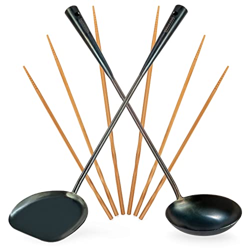 YOSUKATA Wok-Schöpflöffel, Pfannenwender und 3 Paar Holz-Kochstäbchen - Küchenhelfer Set aus Vorbehandeltem Blauem Kohlenstoffstahl, 43 cm- Spachtel Küche und Suppenkelle - Wok-Zubehör - Spatel