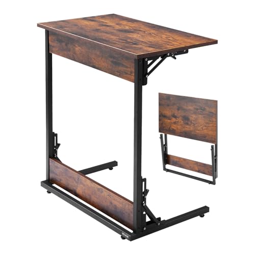 VEVOR Mesa Auxiliar Plegable en Forma de C, Mesa de Centro Plegable 60 x 37 x 70 cm con Estructura de Metal y Patas Ajustables, Mueble para TV para Sala de Estar, Dormitorio, Oficina, Marrón y Negro