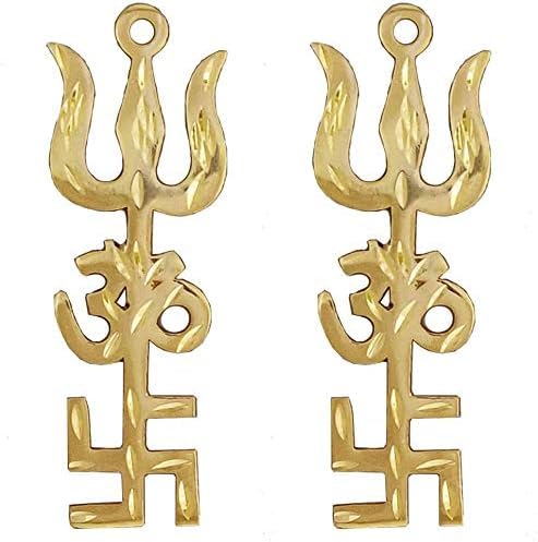 Organic Herbs Pack of 2 Gold Plated Hindu Religious Tri Shakti - Trishul OM Aum, Swastik Swastika - Metal Hanging Home Décor 4 inch