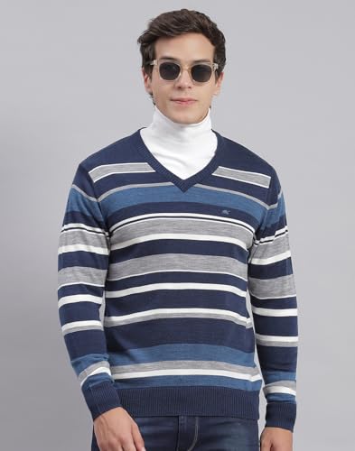Image of Monte Carlo Royal Blue Striped V Neck Pullover | Warm Woolen Pullover for Men | Soft Comfortable Knitted Winter Wear Sweater for Men's