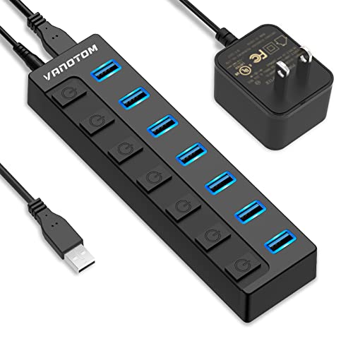 Powered-USB-Hub-VANOTOM-7-Port-Charging-USB-3132-Gen-2-Hub-Superspeed-USB-Splitter-up-to-10Gbps-with-Power-Adapter-and-Individual-OnOff-Switches-for-PC-and-Laptop