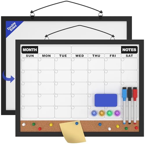 Monthly Calendar Dry Erase Board 16x12 Inch, Double-Sided Whiteboard and Corkboard Combo with Black MDF Frame, Wall Mounted Planner with Markers, Magnets, Push Pins, Eraser